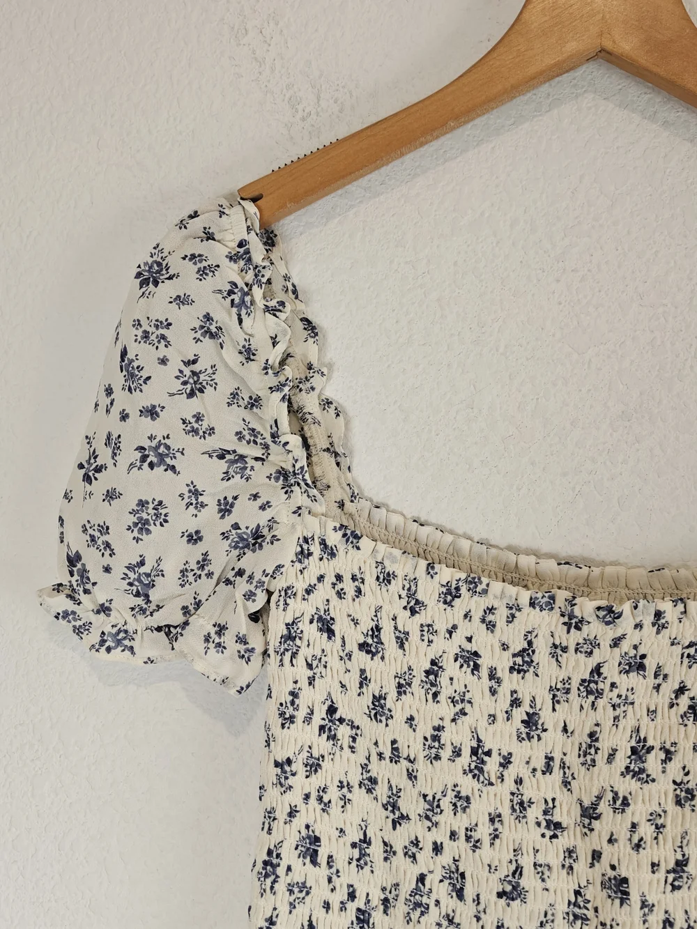 Reformation Jess Top Gracie Floral Smocked Puff Sleeve Crop S